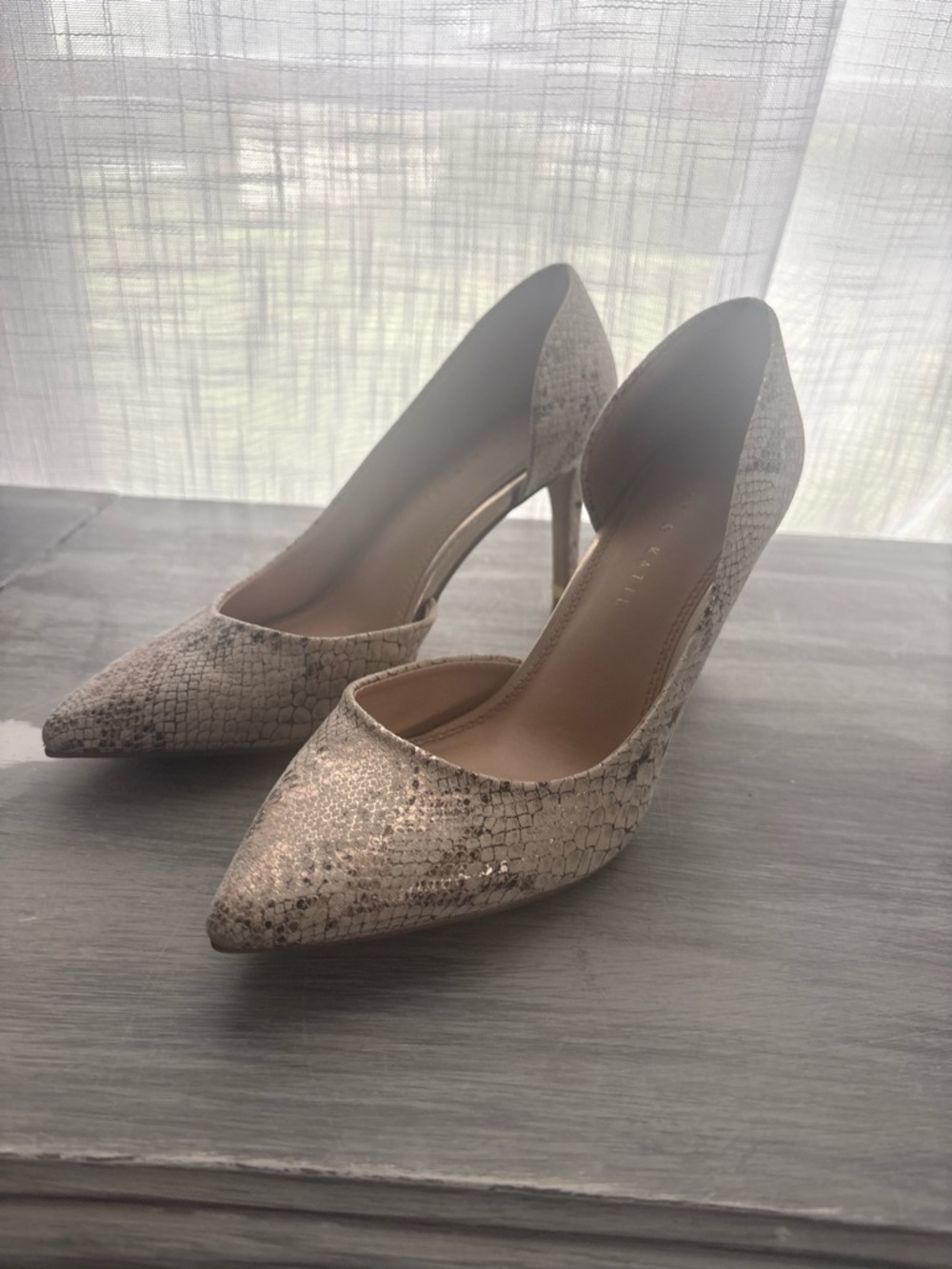 Kelly & Katie Metallic Snake-Print Pointed Pumps in Nude